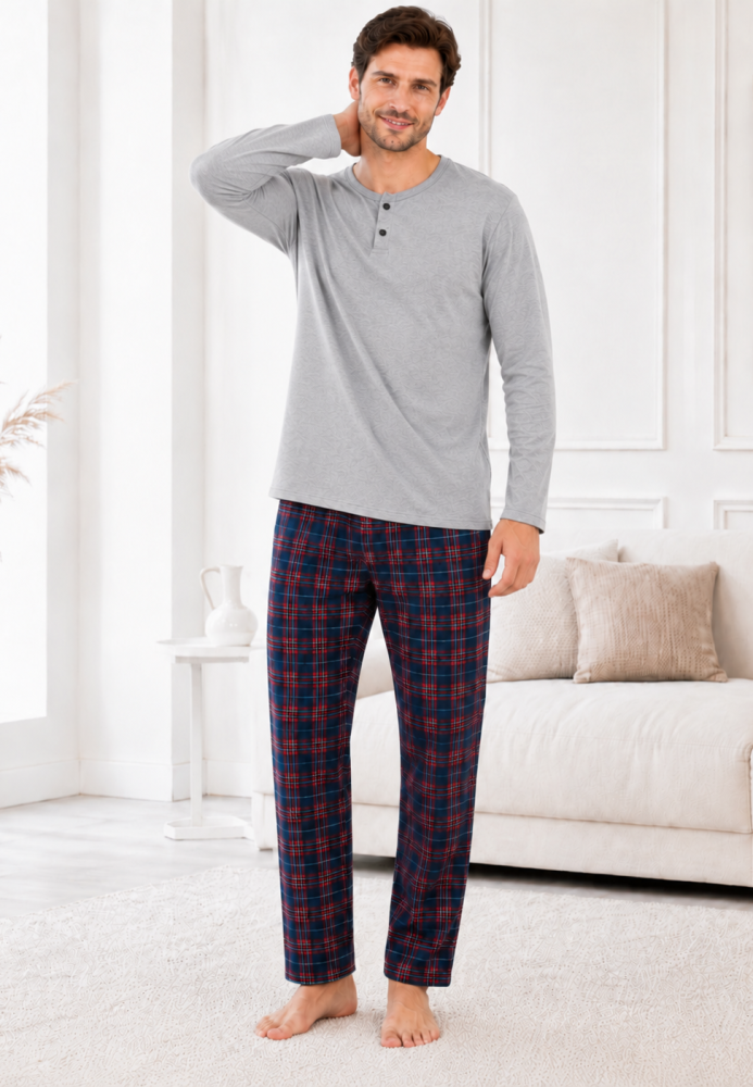 Pijama barbati Serena cu maneca lunga si pantalon lung-Gri,Engros